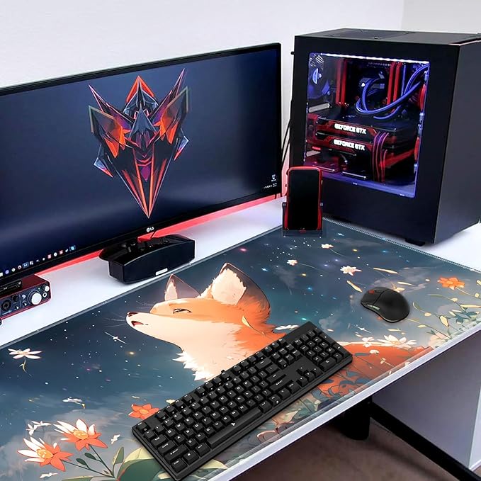3-in-1 Large Mouse Pad Gaming Set (31.5 x 11.8 inch)+ Wrist Rest Pad + Coaster Memory Foam Gel Wrist Rest Pad for Pain Relief Stitched Edges Non-Slip Table Mat Red Fox Under The Stars