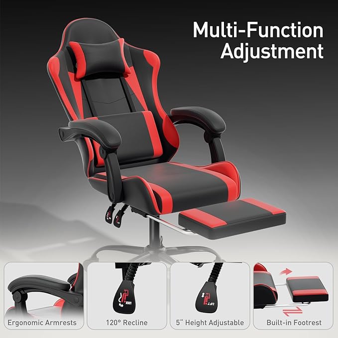 MoNiBloom Gaming Chair with Footrest High Back Video Game Chair with Headrest &amp Lumbar Support Height Adjustable Leather Swivel Computer Chair for Adult Teen Office or Gaming Red
