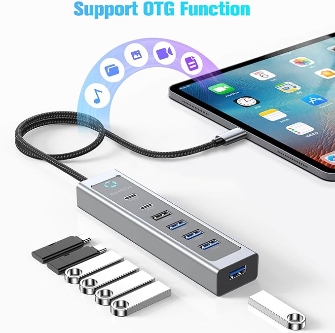 RSHTECH 7-Port USB C Hub Splitter 10Gbps with 3 USB-3.2 (2C + 1A) 4 USB-3.0 Ports and 2ft Long Cable Aluminum USB-C Hub Multiport Adapters for Laptop and More RSH-T17C