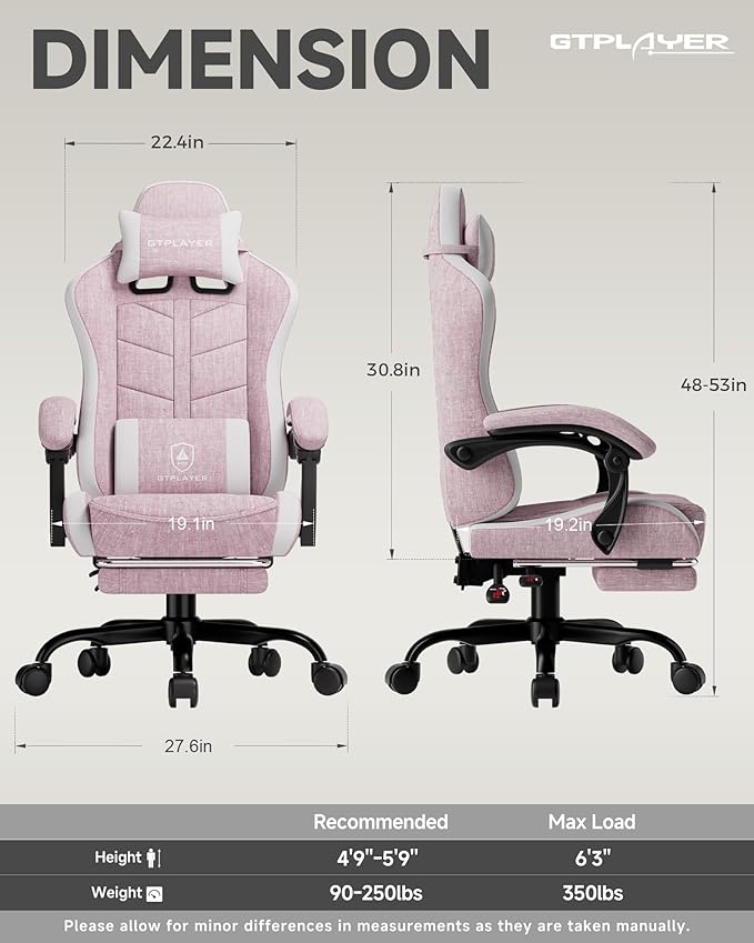 GTPLAYER Gaming Chair with Footrest Computer Gaming Chair for Adults and Kids Height Adjustable Gamer Chair with 90-155° Recline &amp Removable Headrest Lumbar SupportLinen Fabric Pink