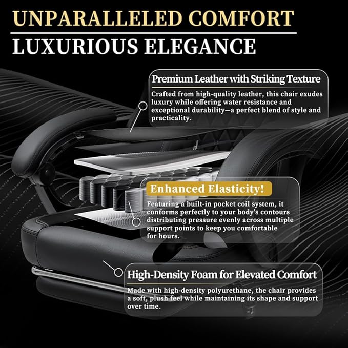 Dowinx 665TE0A Gaming Chair with Pocket Spring Cushion Ergonomic Computer Chair with Massage Lumbar and Footrest for Adults High Back Game Chair Leather for Office Gaming 300LBS