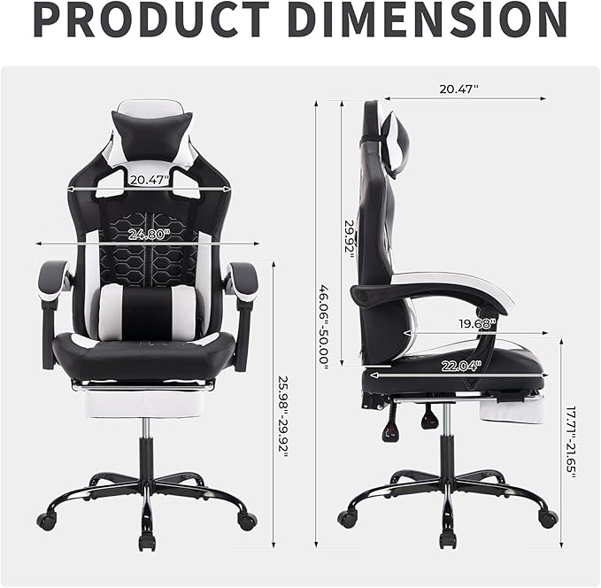 Black White Ergonomic Gaming Chair with Massage Durable PVC Leather PC Chair High Back with Lumbar Support &amp Footrest 300LBS Capacity for Gamers