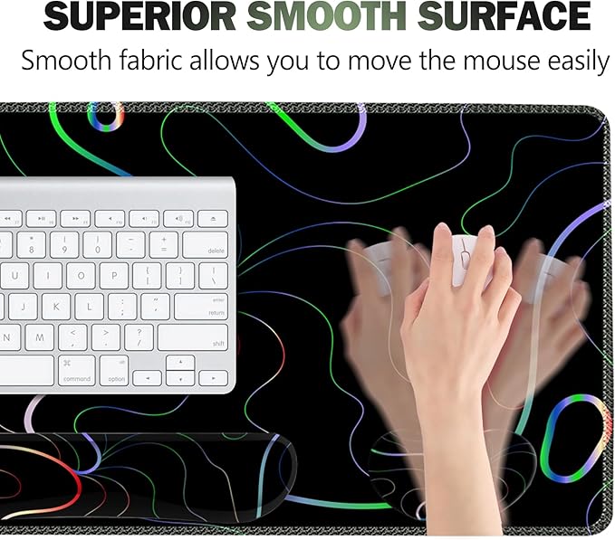 ARTSO Gaming Mouse Pad Wrist Support Set XXL Large Desk Mat Mousepad + Keyboard Wrist Support+ Mouse Wrist Rest+Coaster 4in1 Ergonomic Memory Foam Stitched Edge for Home Office -Colorful Lines