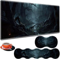 Large Gaming Table Pad 31.5 x 11.8 + Keyboard Wrist Pad + Mouse Wrist Pad + Coaster Non-Slip Base 4-in-1 Set Ergonomic Memory Foam Easy Typing Pain Relief Strange Mysterious Dark Forest