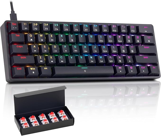 CHONCHOW Mechanical Keyboard 61 Keys Gaming RGB USB Wired Red Switch Programmable Ultra-Compact Keypad Compatible with Windows 7/8/10 iMac Xbox one X Ps4(Blackred Switch)
