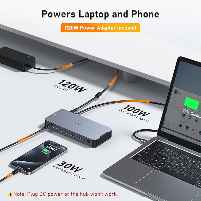 Laptop Docking Station with 120W Power Adapter18 in 1 USB C Docking Station Dual MonitorUSB C HUB with 2HDMI+DP10Gbps USB-A/C PortsEthernetSD/TF AudioScreen Off ButtonUSB C Dock for DellHP
