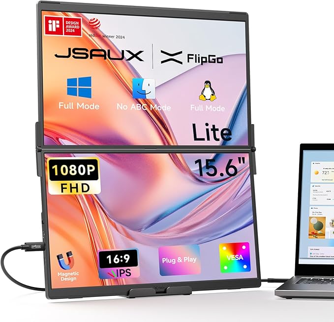 JSAUX FlipGo Lite 15.6 Portable Dual Stacked Monitor 1080P FHD IPS Laptop Screen Extender One Cable for Triple Monitor Setup (For Windows&ampLinux) with Magnetic Design Built-in HubNo Driver Requ