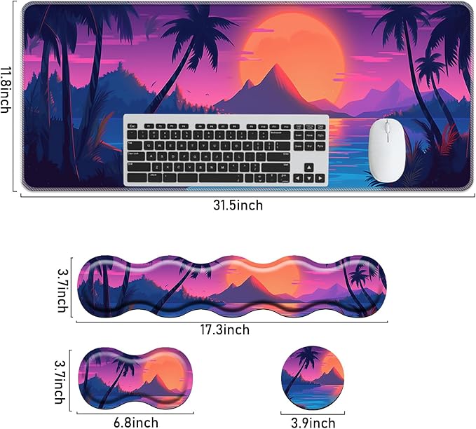 Keyboard Mouse Pad SetLarge Mouse Pad+Keyboard Wrist Rest+Wrist Support+Coaster31.5x11.8in Extended Desk Mat for Computer Laptop Office Home-Sunset Beach Palm Trees
