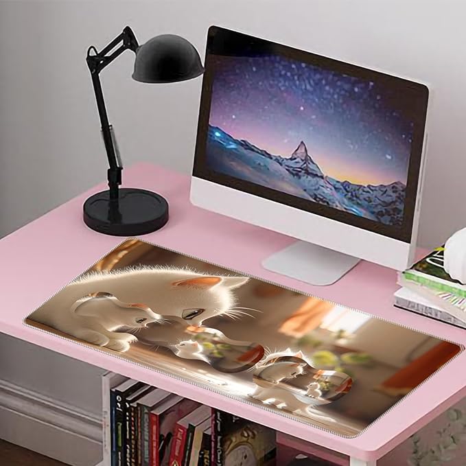 Large Mouse Pad Wrist Support SetDesk Pad+Keyboard Wrist Rest+Mouse Pad Wrist Support+Coaster4in1 XXL Big MousepadErgonomic Design Gaming Mat for Home Office TableCute White Cat
