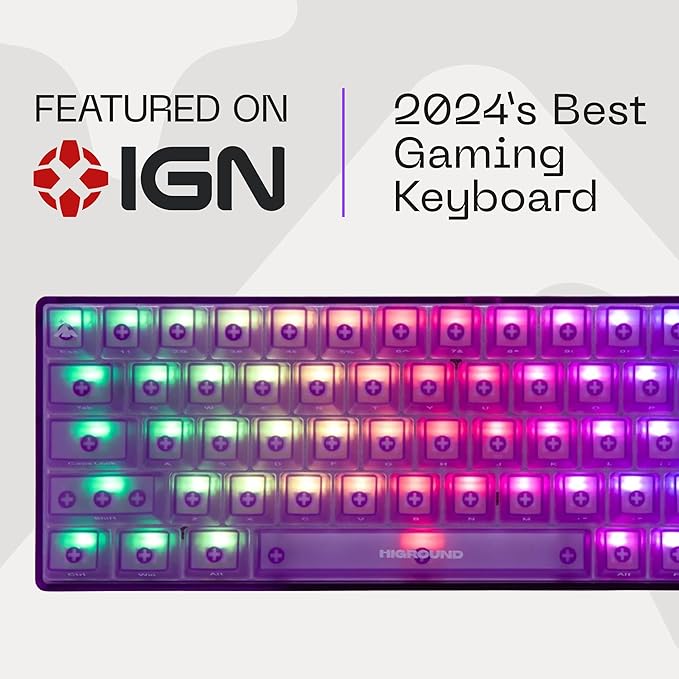 Higround Crystal Amethyst Basecamp 65% Mechanical USB Wired Gaming Keyboard White Flame Switches Programable RGB Transparent/Translucent Hot-Swappable Deep Thock Creamy Sounding PC Keyboard
