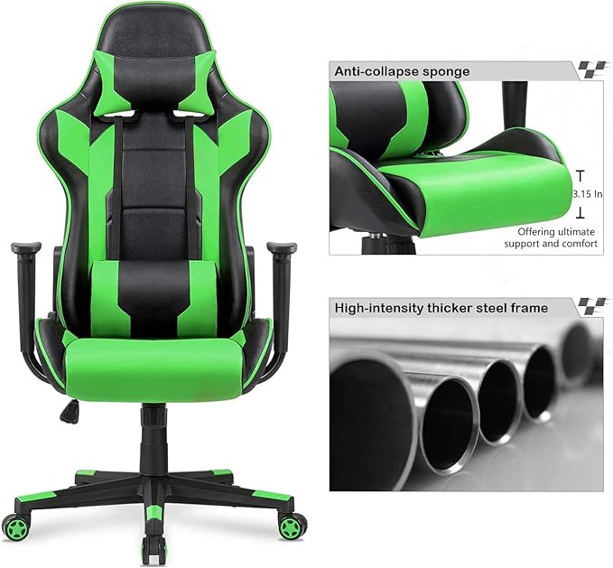 WANYE High Density Foam Gaming Chair -Cheap High Back Gaming Chair with Racing Design Synthetic Leather Green