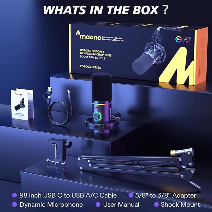 MAONO XLR/USB Dynamic Microphone Kit RGB Podcast Mic with Software Mute Gain Knob Volume Control Boom Arm for Streaming Gaming Voice-Over Recording-PD200XS Black