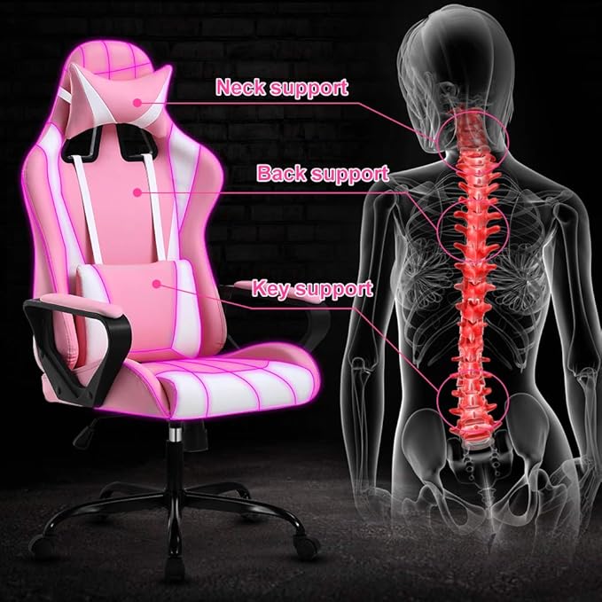 Gaming Chair 188 P Modern Pink Ergonomic High Back PC Computer Gaming Chair with Lumbar Support Adjustable Height 360 Swivel Executive Style PU Leather 300 lb Capacity