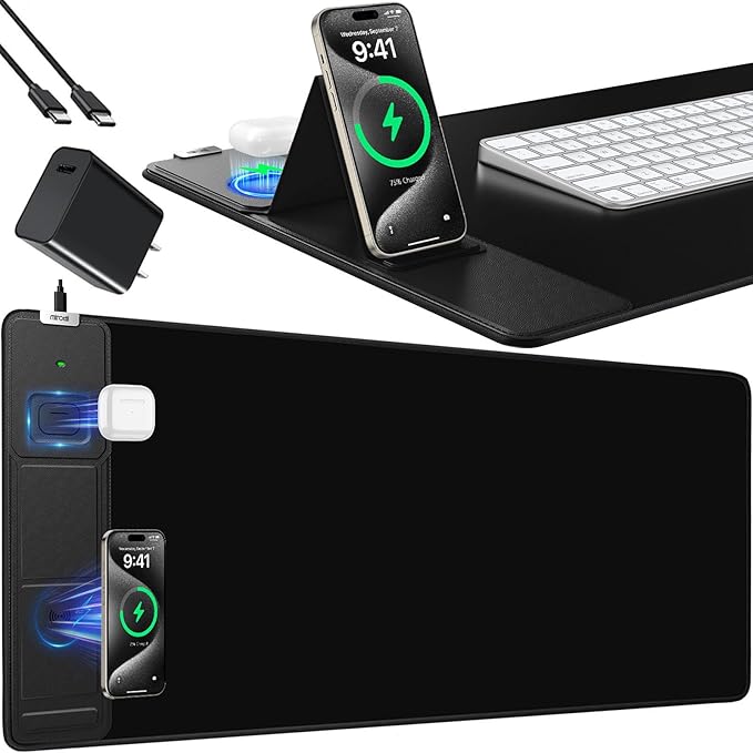 Mouse Pad with Foldable Phone Holder Wireless Charging Desk Mat 31.5x15.8 Large Mousepad with Superior Micro-Weave Cloth XXL Desk Pad with Non-Slip Waterproof Keyboard Pad for Home &amp Office