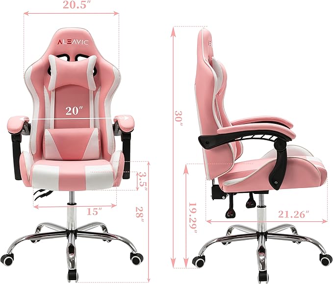 ALEAVIC Gaming Chair with Massager Fabric Gaming Chairs for Adults Ergonomic Gamer Chair with Adjustable Headrest and Lumbar Support Reclining Computer Game Chair High Back Pink White