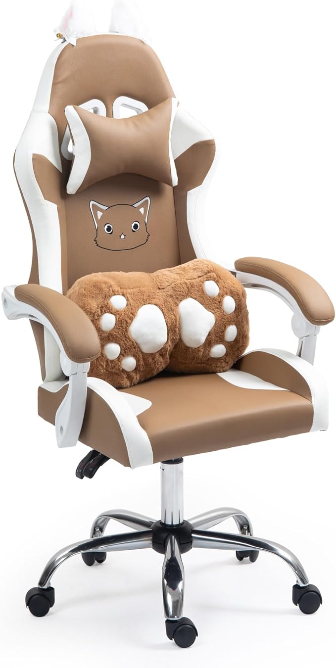 ALEAVIC Gaming Chair with Cat Paw Lumbar Cushion and Cat Ears Reclining PC Game Computer Chairs Ergonomic Gamer Chair for Kids Girls Teens (Brown)