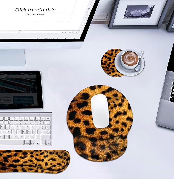 Keyboard Wrist Rest and Mouse Wrist Rest Pad Set with Coasters Ergonomic Support Non-Slip PU Base Easy Typing and Relieve Wrist Pain Perfect for Home Office Working Studying Leopard Print