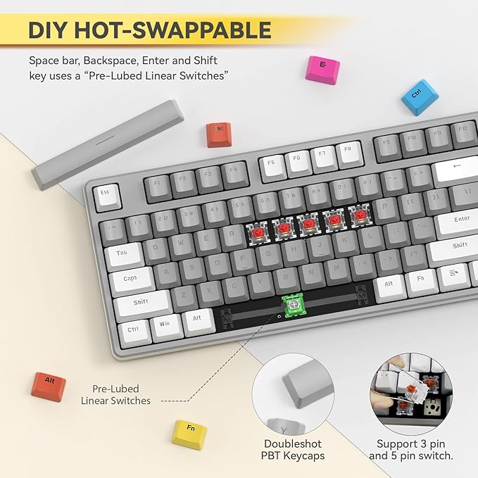 MAGIC-REFINER AK873 75% Wired Mechanical Gaming Keyboard with red SwitchHot-Swappable Keyboard with 8Pcs DIY Sublimation Color keycapsMixed Rainbow LED Backlit for PC Xbox PS4Mac (White Grey)