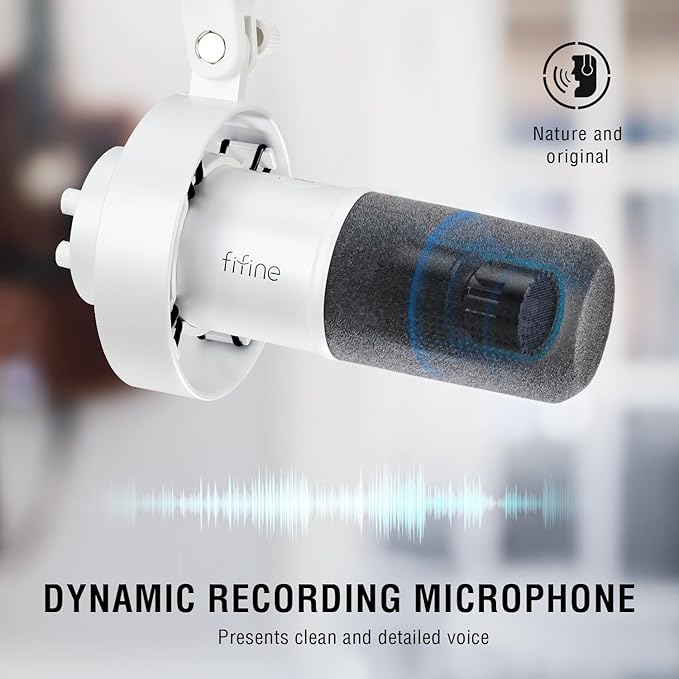 FIFINE Podcast Microphone with XLR Cable and Low Profile Arm Boom Set XLR Recording PC Mic Quick Mute &amp 9.8ft Balanced 3 PIN XLR Male to Female Cable and Metal Boom Arm-K688W+BM88W+L9W