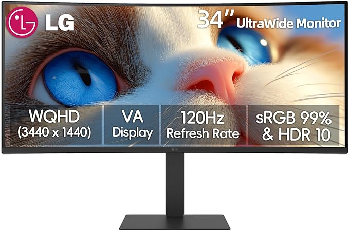 LG 34 Inch UltraWide Curved Monitor WQHD(3440 x 1440) VA Display 120Hz 5ms HDR10 99% s RGB Reader Mode DisplayPort &amp HDMI Built-in Speaker Tilt/Height/Swivel Adjustment Black