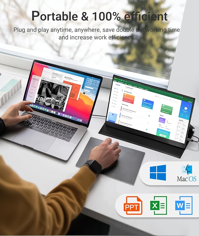 Ingnok Portable Monitor 15.6inch FHD 1080P Travel Monitor Ultra-Thin USB-C Plug&ampPlay Built-in Speakers Portable Screen for Laptop Mac Switch/PS5 Travel&ampOffice Assistant