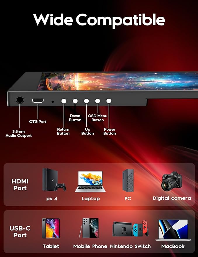 2.5K 144Hz Portable Monitor 18 2560x1600 Portable Gaming Monitor 100% sRGB FreeSync HDR Laptop Monitor w/VESA &amp Case 16: 10 Wide Screen IPS External Monitors for Mac Switch Xbox PS4/5