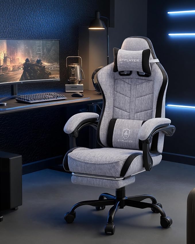 GTPLAYER Gaming Chair with Footrest Computer Gaming Chair for Adults and Kids Height Adjustable Gamer Chair with 90-155° Recline &amp Removable Headrest Lumbar SupportLinen Fabric Gray-Black