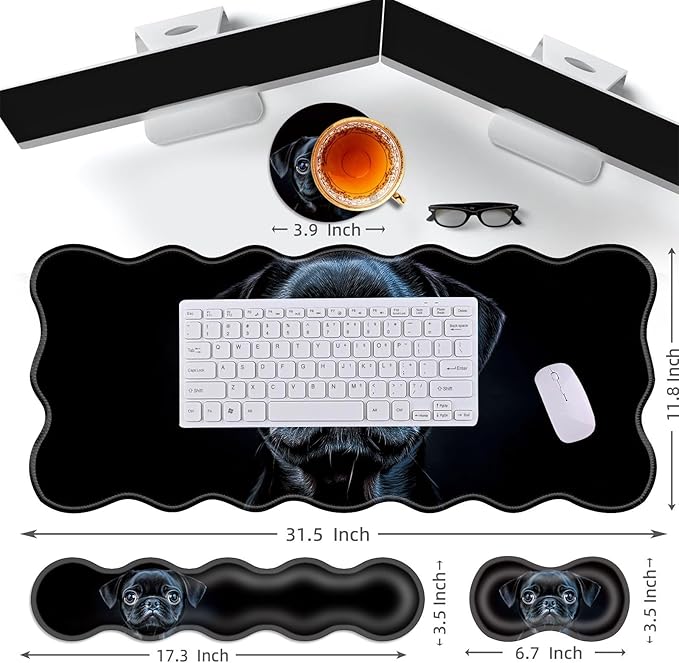 Large Gaming Mouse Pad Keyboard Wrist Rest Pad &amp Wrist Support Mousepad Set Stitched Edge Extended Non-Slip Base Memory Foam Desk Mat for Office HomeCute Pug Dog