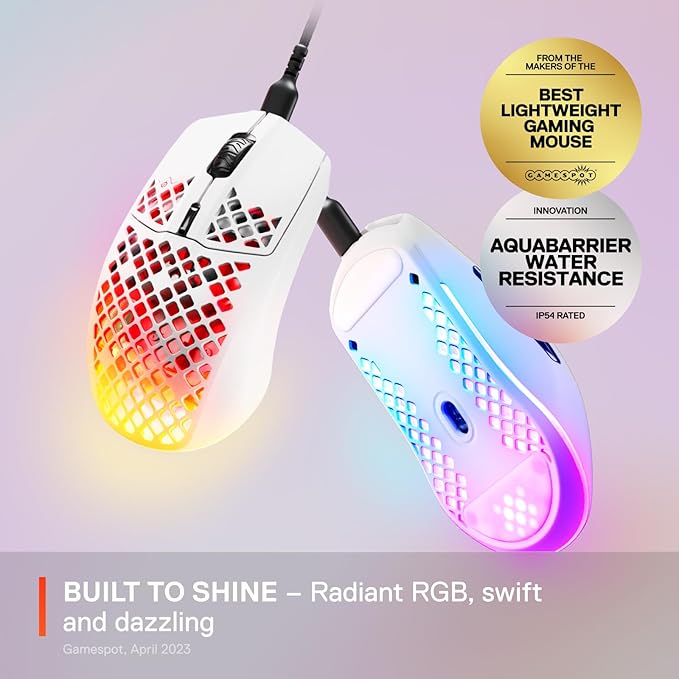 SteelSeries Aerox 3 - Holey RGB Gaming Mouse - Ultra-lightweight Water Resistant Design - 8500 DPI TrueMove Core Optical Sensor - Snow