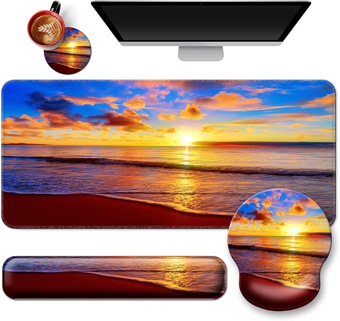 Mouse Pad + Desk Mat + Keyboard Wrist Rest + Coaster 4 in 1 Set Cute Ergonomic Large Gaming Mousepad with Wrist Rest Support Desk Pad for Computer Laptop Office Home Decor-Sunset Beach
