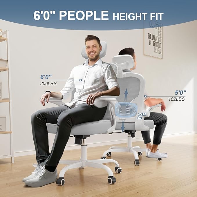 Synorla Office Chair Ergonomic Desk Chair 330LBS Capacity High Back Computer Design for Long Hours Comfort Rolling Swivel for Home Office Flip-up Armrests White+Grey
