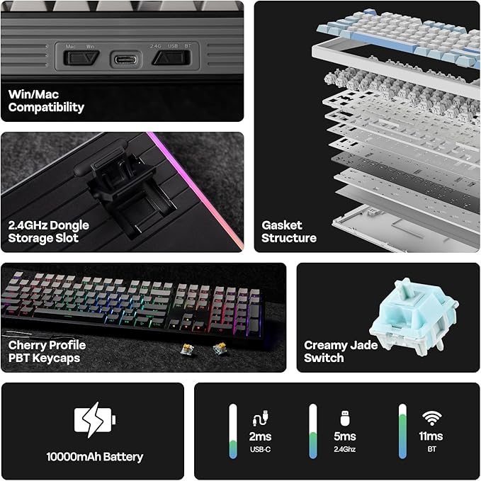 EPOMAKER TH108 Full Size Mechanical Keyboard Wireless Gaming Keyboard with 8000mAh Battery Creamy Gasket 108 Keys Hot Swap Custom Driver RGB Backlight (Black Creamy Jade)
