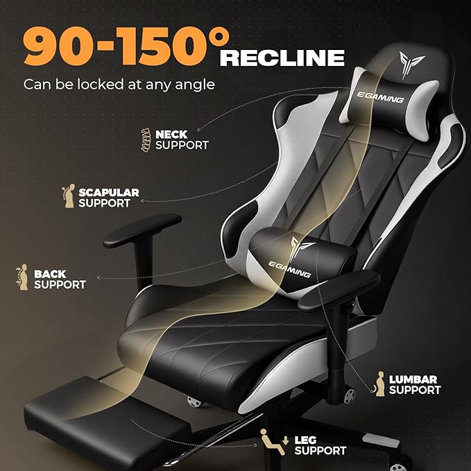Gaming Chair with Footrest Ergonomic High-Back PU Leather Computer Chair with 3D Adjustable Armrests Headrest and Lumbar Support Office Desk Chair with Diamond Stitching for Adults &amp Teen