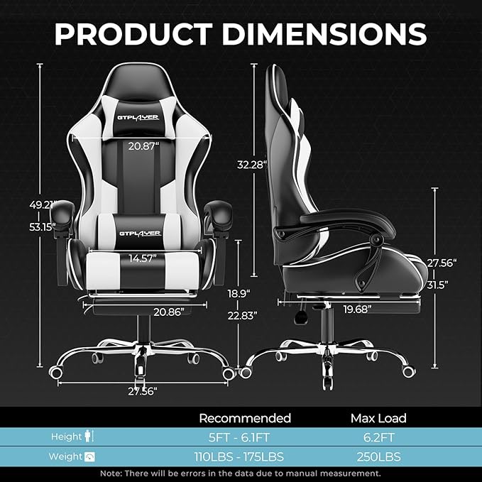GTPLAYER Gaming Chair Computer Chair with Footrest and Lumbar Support Height Adjustable Game Chair with 360°-Swivel Seat and Headrest and for Office or Gaming (White)