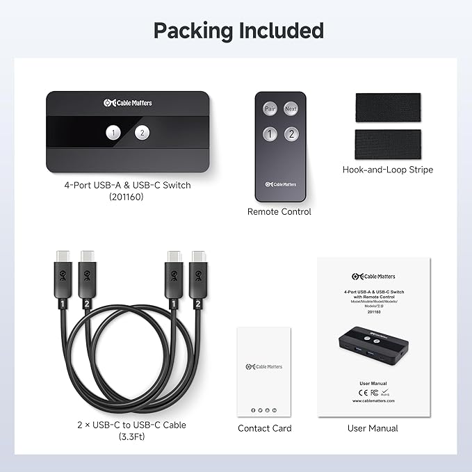 Cable Matters USB C Switch for 2 Computers with Remote Control 10Gbps Data Transfer Shares 2X USB-A and 2X USBC Peripherals (Keyboard Mouse Printer SSD) Data Only - No Video No Host Charging