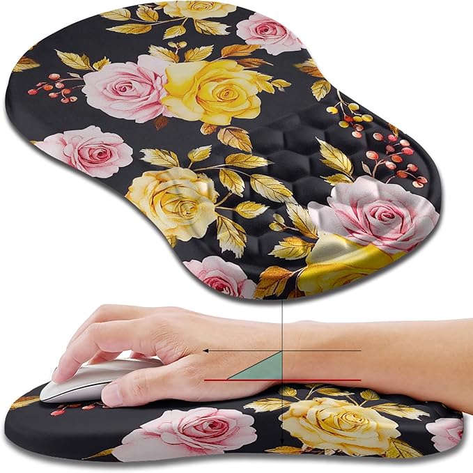 Hokafenle Ergonomic Mouse Pad Wrist Support Wrist Rest Mousepad for Carpal Tunnel Pain Relief with Integrated Memory Foam Slope Massage Bulge (11.8x7.9 inchGolden Powder Flower