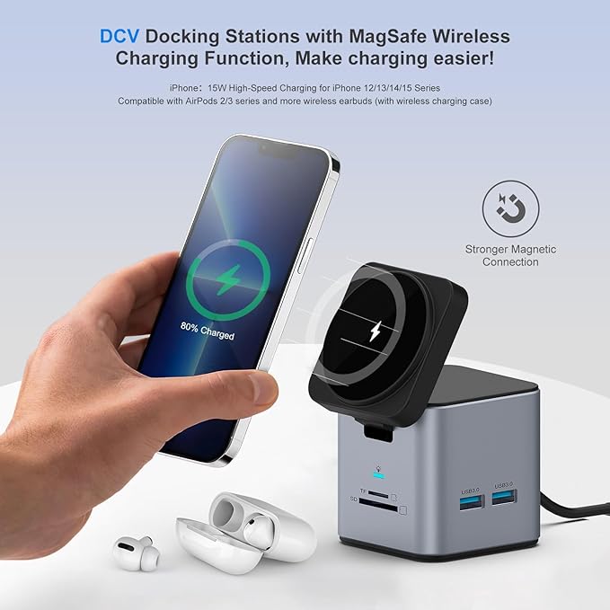 USB C Laptop Docking Station with MagSafe Charger Stand 9 in 1 USB C Hub Multiport Adapter with 4K HDMI 1Gbps Ethernet 3 USB 3.0 SD/TF Compatible with MacBook/Dell/HP/Lenovo/iPhone (Silver Gray)