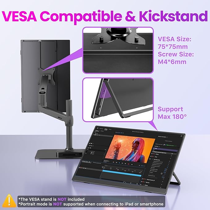 Portable Monitor 16 inch 2K QHD 2560X1600 145% sRGB 144 Hz HDR HDMI USB-C Travel Monitor for Laptop MacBook PC Surface PS5 Xbox External Display with Kickstand &amp Speakers VESA Compatible