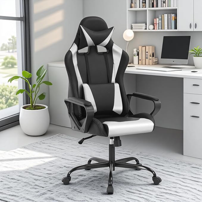 Ergonomic High Back Gaming Chair &amp Office Chair PU Leather &amp Adjustable &amp Easy Assembly &amp BIFMA Certified for Home/Office (Gray) (White)