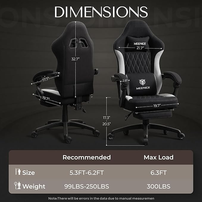 Gaming Chair Fabric with Pocket Spring CustionErgonomic High Back Video Game Chair with Footrest Massage Lumbar Support Comfy Computer Chair for Adults Game Office Black&ampWhite
