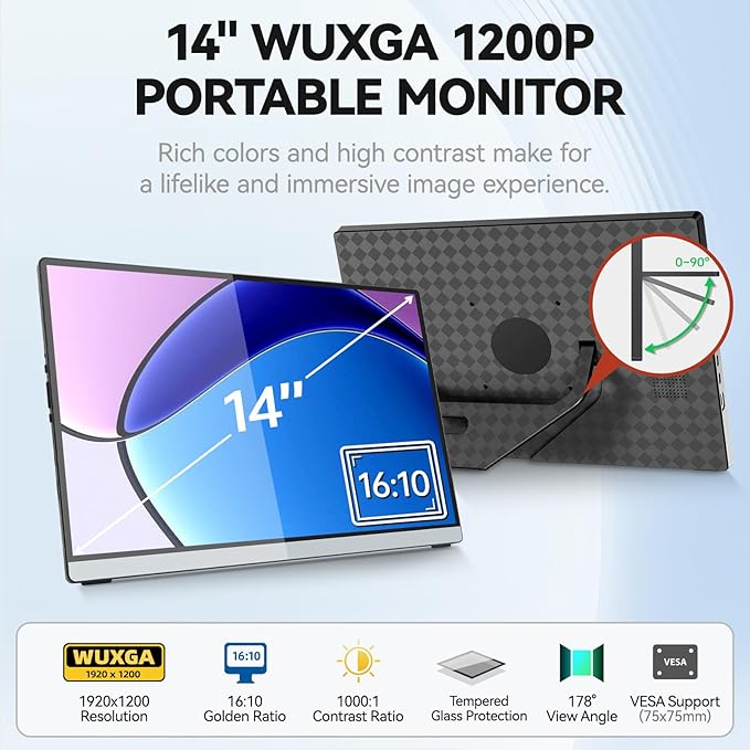 Intehill 14 Portable Monitor WUXGA 1920x1200 Portable Screen with Full-Covered Tempered Glass 16:10 USB-C HDMI External Display with Speakers &amp Stand Travel Monitor Second Screen for Laptop F
