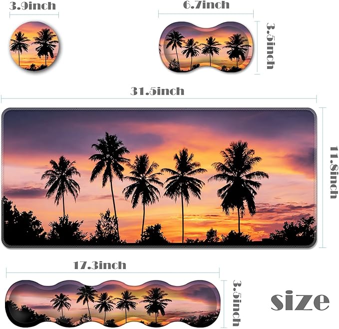 Ergonomic Keyboard Wrist Rest &amp Mouse Pad Wrist Rest SetXL Gaming Desk Mat 31.5x 11.8Non-Slip BaseMemory FoamEasy Typing Pain Relief for Office &amp HomeTropical Sunset with Palm