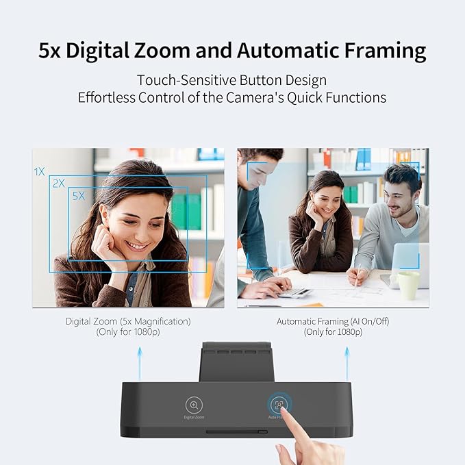 4K Webcam for PC Ultra HD Camera with Dual Microphones Fast Focus Auto Framing 92° Wide FOV Auto Light Correction 5X Zoom USB Webcam Plug and Play