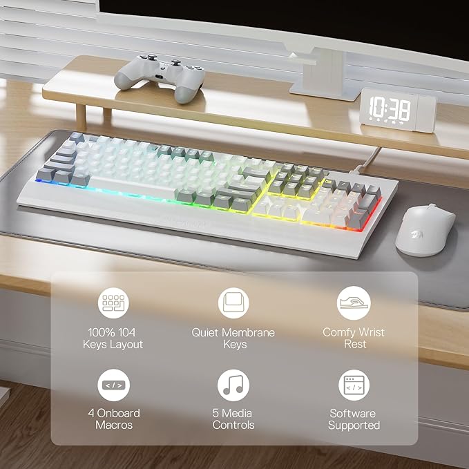Redragon K525 RGB Backlit 104 Keys Wired Membrane Gaming Keyboard w/ 5 Multimedia Keys &amp 4 Extra On-Board Macro Keys Dedicated Media Control Ergonomic Wrist Rest Linear Mechanical-Feel Switch