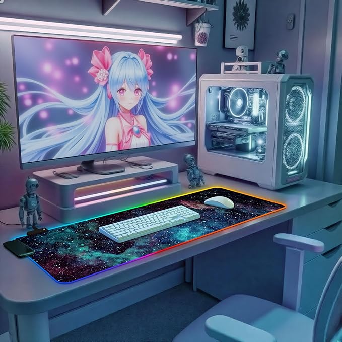 RGB Mouse Pad Led Desk Mat I 31.5 x 11.8 Inch Large Mouse Pad I XL Oversized Big Mouse mat 14 Led Light Modes I Anti-Slip Rubber Base Waterproof Keyboard Pad for PC Gaming I Stellar Nebula