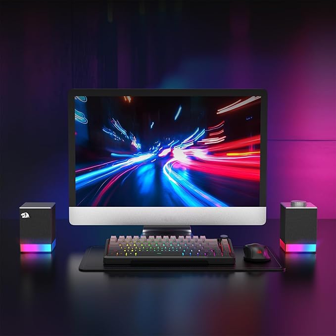 Redragon GS517 RGB Computer Speaker - 2.0 Stereo Sound System with BT &amp USB Dual Connectivity 8 RGB Lighting Effects Touch Controls &amp Volume Knob - Perfect for Gaming &amp Multimedia