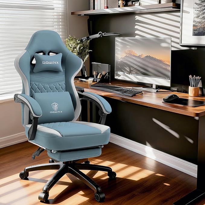 Dowinx Gaming Chair Breathable Fabric Game Chair with Gel Pad and Storage Bag Comfortable Gamer Chair with Pocket Spring CushionErgonomic Computer Chair with FootrestBlue