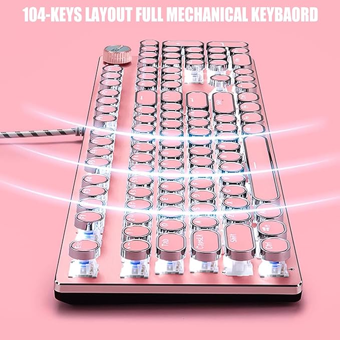Basaltech Mechanical Gaming Keyboard and Mouse Combo Retro Steampunk Vintage Typewriter-Style Keyboard with LED Backlit 104-Key Anti-Ghosting Blue Switch Wired USB Metal Panel Round Keycaps Pink