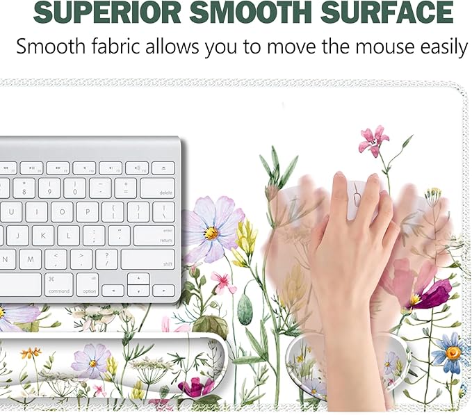 ARTSO Gaming Mouse Pad Wrist Support Set XXL Large Desk Mat Mousepad + Keyboard Wrist Support+ Mouse Wrist Rest+Coaster 4in1 Ergonomic Memory Foam for Home Office -White Flowers Plants