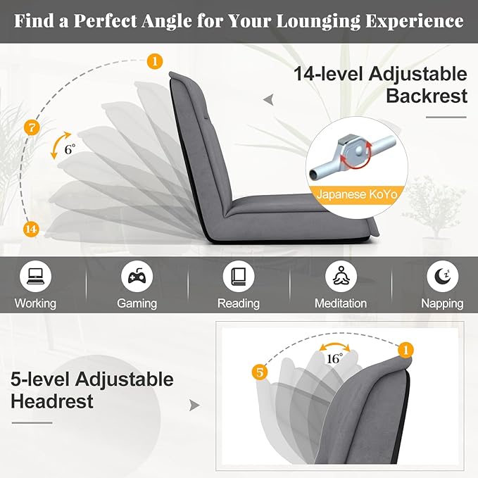 COSTWAY Folding Floor Chair Convertible Lazy Sofa Chair with 14-Poistion Adjustable Backrest 5-Position Adjustable Headrest Cushioned Floor Gaming Chair for Adults Reading Meditating (Grey)